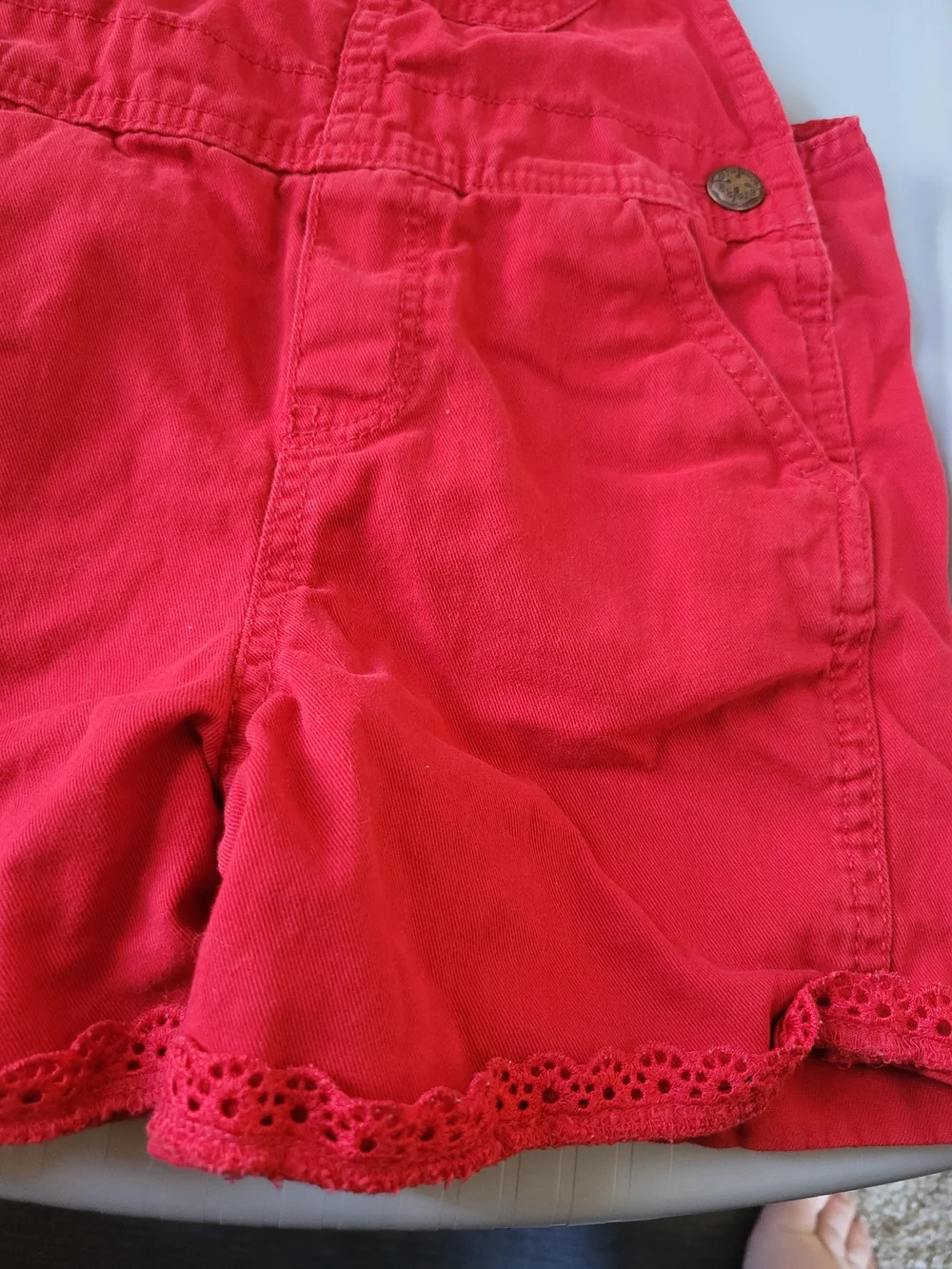Vintage OshKosh B'Gosh Red Shortalls Girls Size 5T Lace Trim Overalls Romper